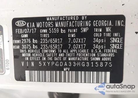 2017 Kia Sorento 2.4L Lx из США, поврежденный, VIN 5XYPGDA33HG315875